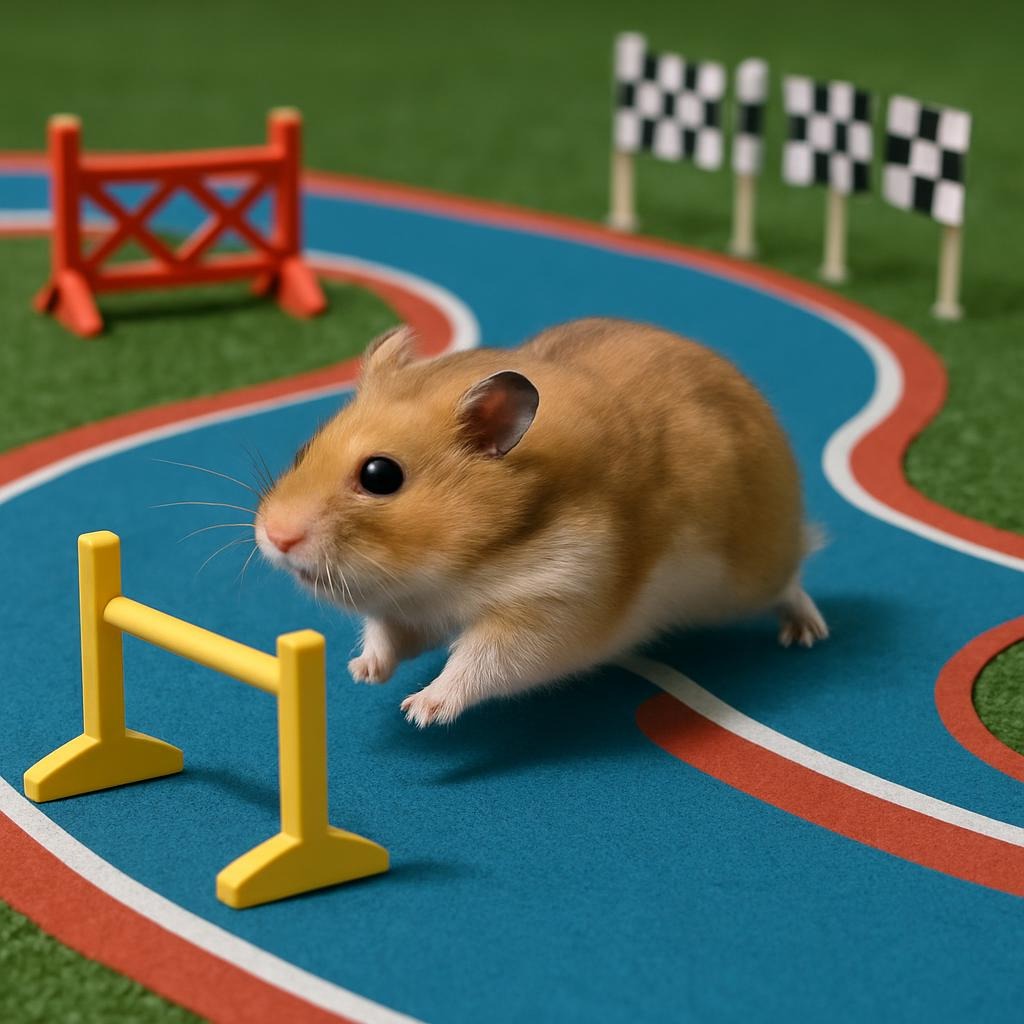 Hamster correndo em uma pista de obstaculos