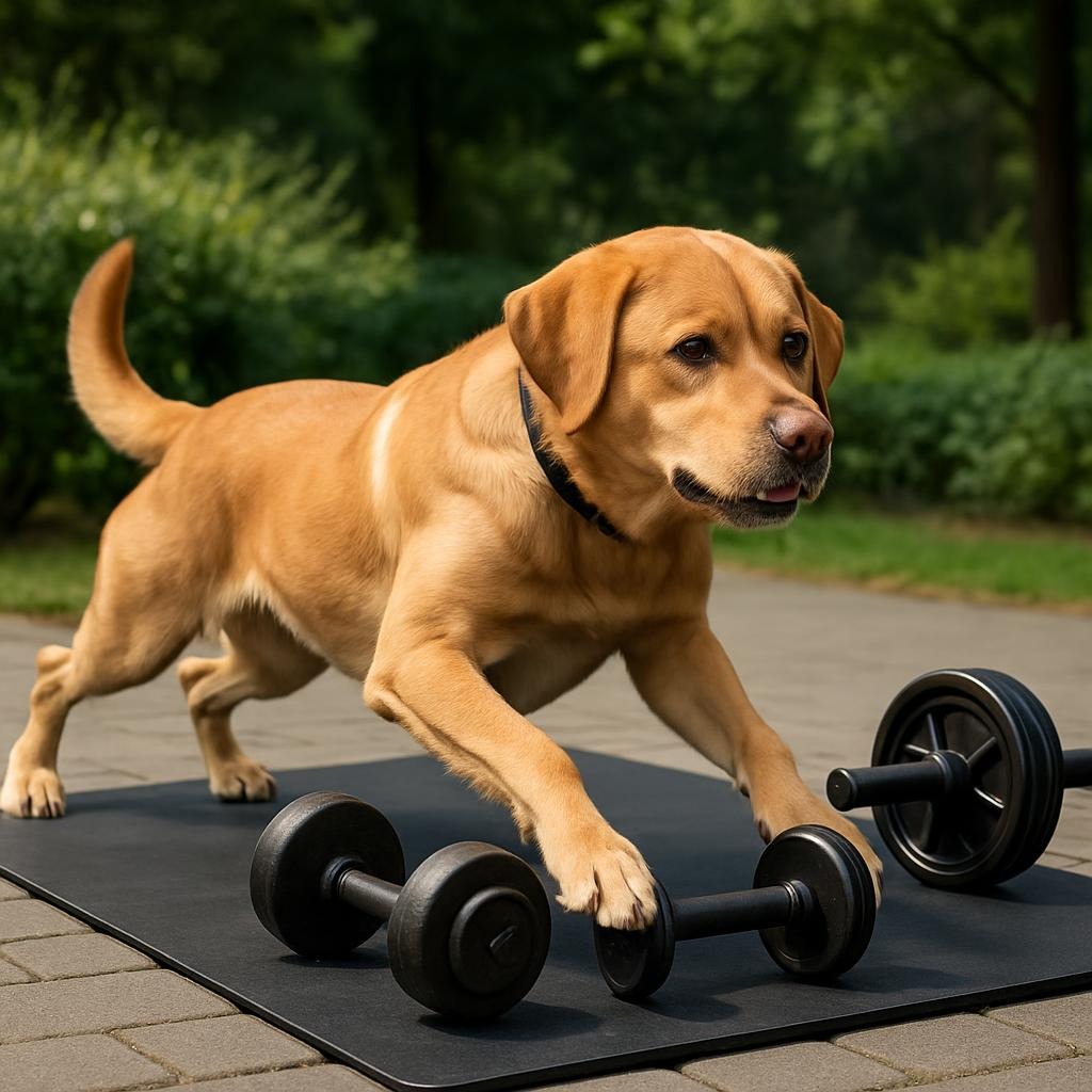 Cachorro se exercitando com pesos humanos